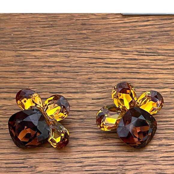 Vintage Amber Crystal Brown Glass Clip On Designer Earrings Signed 1.25" - Picture 1 of 6